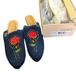 NIB Yoki Willas Dark Denim Embroidered Rose Mules